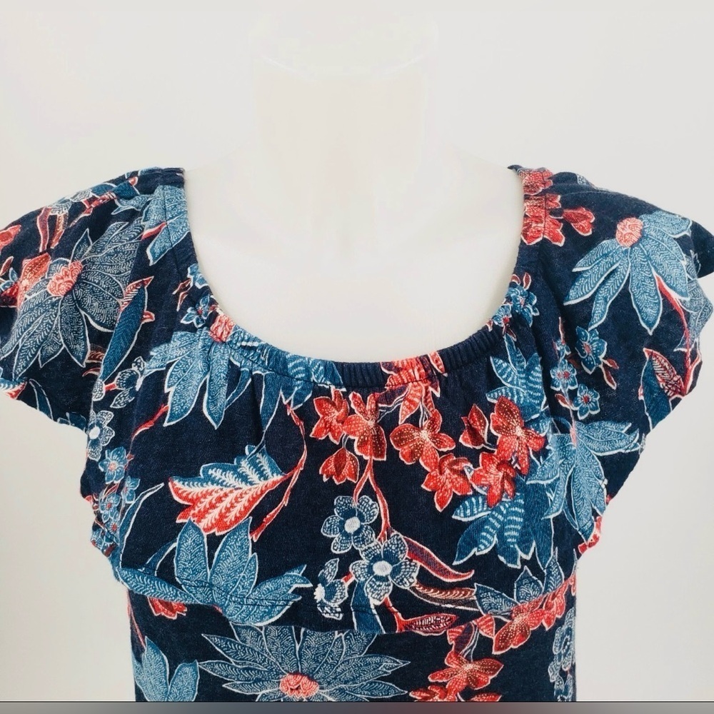 J. Jill Navy Floral Linen Flutter Sleeve Top - Petite M - Picture 3 of 8